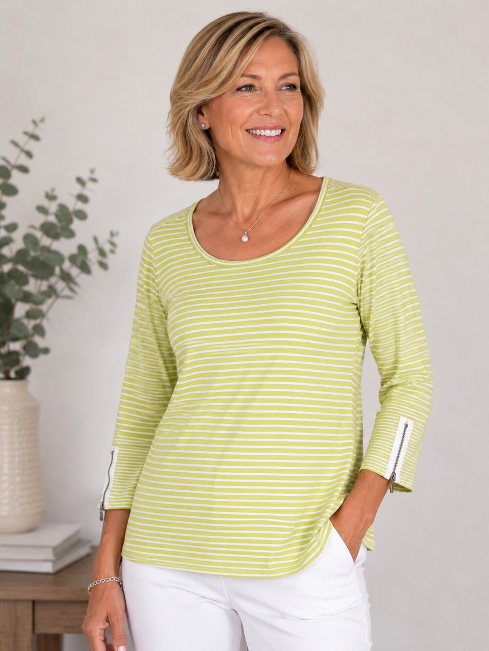 Chico's Zenergy 3 Lime Green White Stripe Zip Cuff Top Womens XXL 3/4 Sleeve